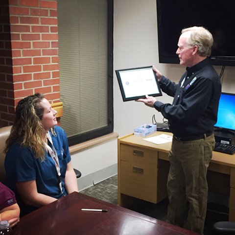 Mr. Joe Golding @CO_ESGR recognized Jessica H, our Asst. Nurse Dir. of Denver CLC for her support of a #VANurse w/ #deployed spouse.