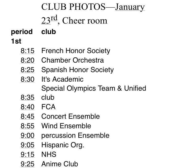 TheShieldLeeHS's tweet photo. ‼️IMPORTANT‼️ Club photos are being taken on Jan 23 in the cheer room, look for your club and time below! Please be on time 📸😁 https://t.co/WPWfswfzYR