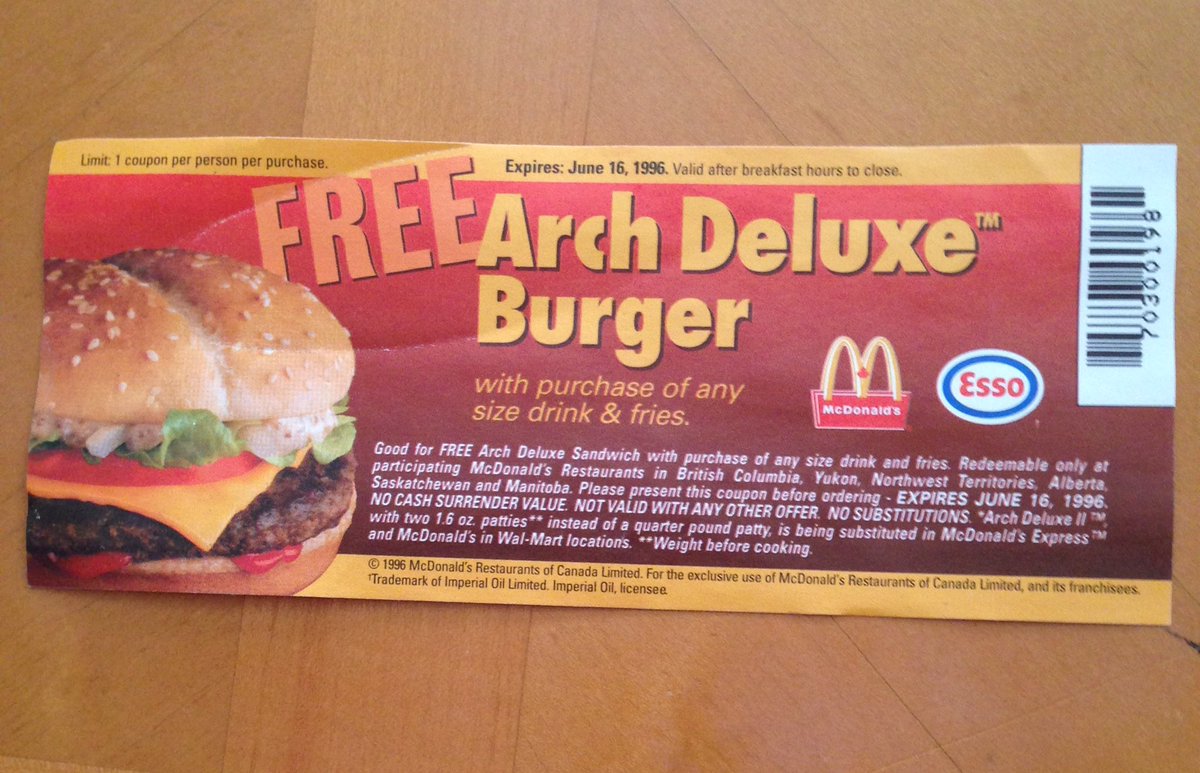 GamesGuyTwo's tweet image. Look what I found @McDonalds #esso #ArchDeluxeBurger #20yearoldcoupon #1996