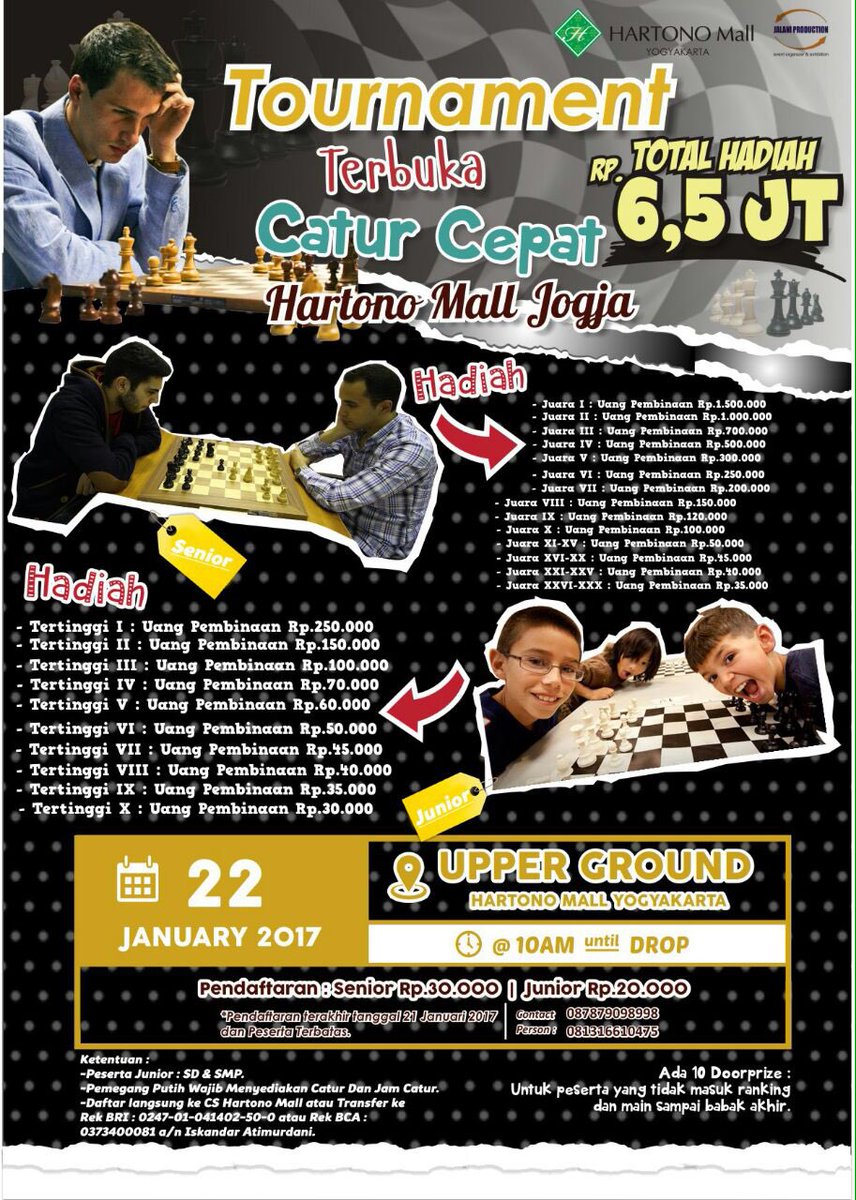 jal_pro's tweet photo. @ChessUGM Ikuti Tournament Terbuka Catur Cepat Hartono Mall Jogja. Total hadiah 6,5 jt. Minggu, 22 Jan, jam 10.00. 087879098998/081316610475 https://t.co/sQdcgBCEfY
