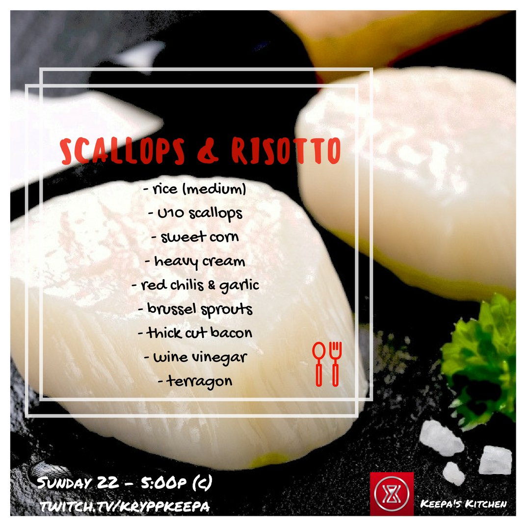 Kryppkeepa's tweet photo. Scallops & Risotto on #KeepasKitchen this Sunday at 5p. Join us! #cheflife #twitch #foodporn #foodie #atx #twitch
https://t.co/Kut7ivI7M5 https://t.co/CK2UjEnDqS