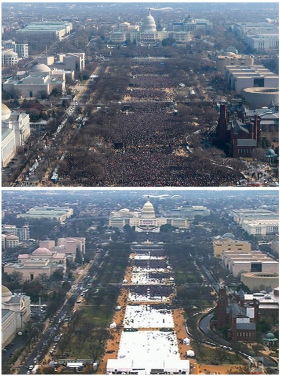 7NewsDC's tweet photo. Look at this comparison between the #InaugurationDays of Barack Obama in 2009 (top) and Donald Trump today (bottom). Per @AP_Images https://t.co/OFUeyh1bbQ