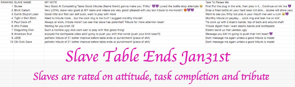 LexyLynx69's tweet photo. My #Slavetable as it stands now! i will be on at 9:30 gmt tonight!! my phone broke so been struggling to feed my addiction on you #losers! https://t.co/X9eZQsTyPP