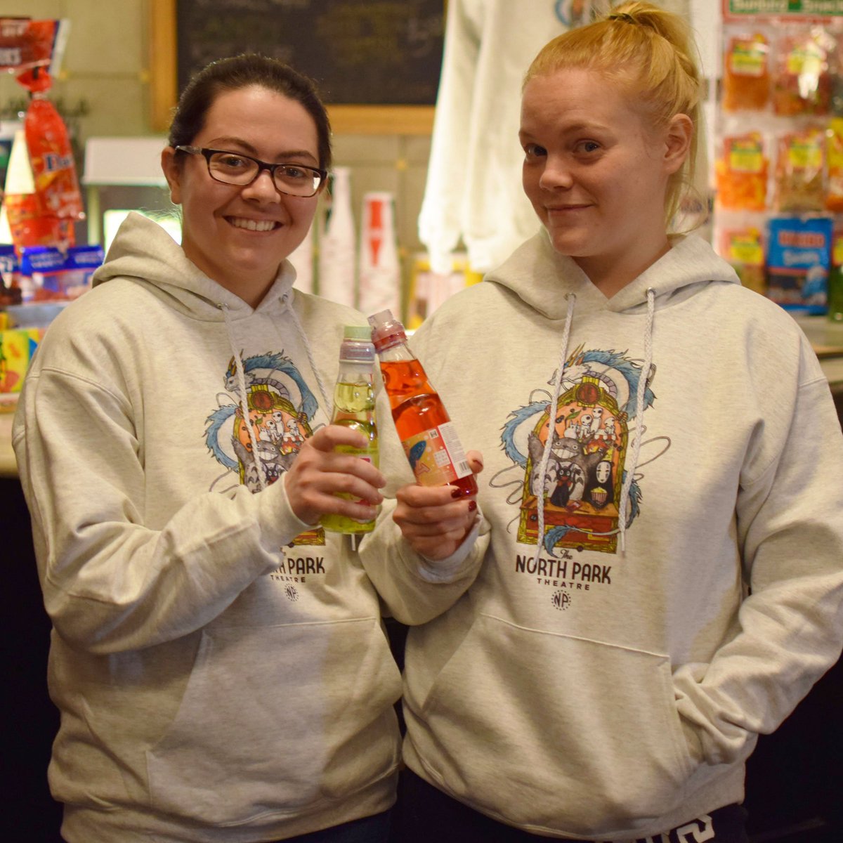 NorthParkTheatr's tweet image. We've got HOODIES! 🤗 Check them out starting this weekend at #pompoko - $40 at the stand. Printed by @inspiredbuff.