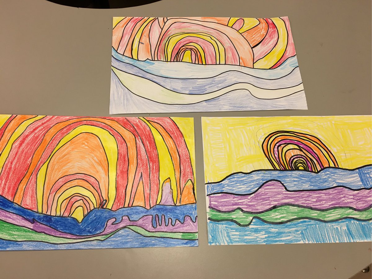 SarahHunterBra2's tweet photo. Grade 1/2 studies Ted Harrison and creates warm and cool coloured landscapes. @hcbrantford https://t.co/0BCpZG4Ksl