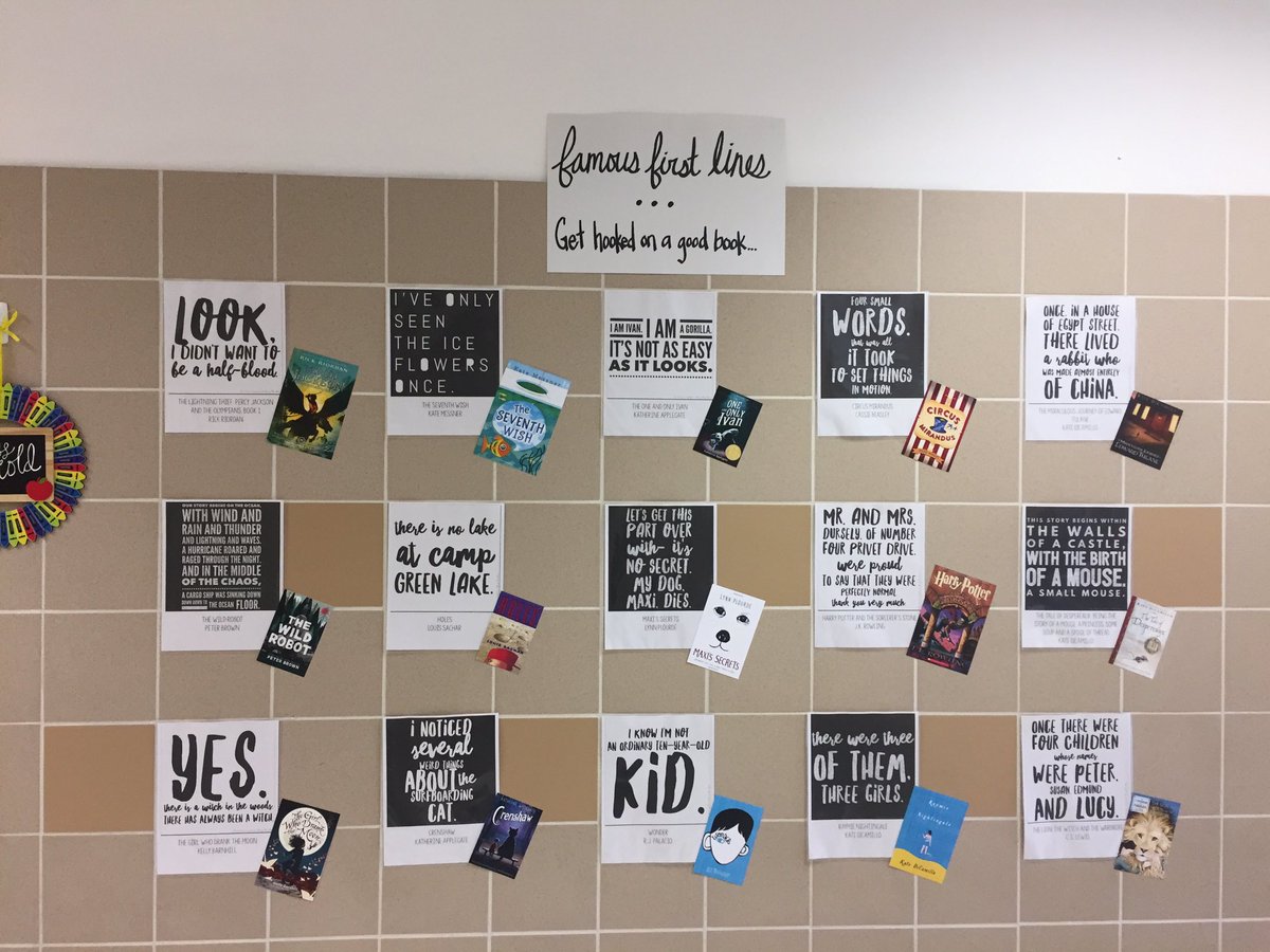 rachelhowe30's tweet photo. Saw this on Instagram last night &amp; it's outside of my room today! Hoping to inspire some readers with these #FamousFirstLines @OakForestES https://t.co/E3rzSb0VuH