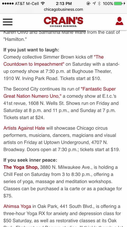 simmer_brown's tweet photo. Thanks to @CrainsChicago for featuring tomorrow's show! Only a handful of tickets left get yours now at https://t.co/Efisk3eDzW https://t.co/r8NveSTMva