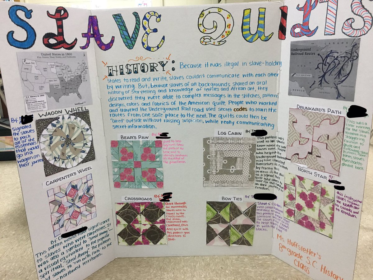 the_speducator_'s tweet photo. 8th grade SC History project about #codes in slave quilts for #academicnight @FairfieldMiddle #undergroundrailroad #slavequilts #lovemykids https://t.co/882OOkMOef