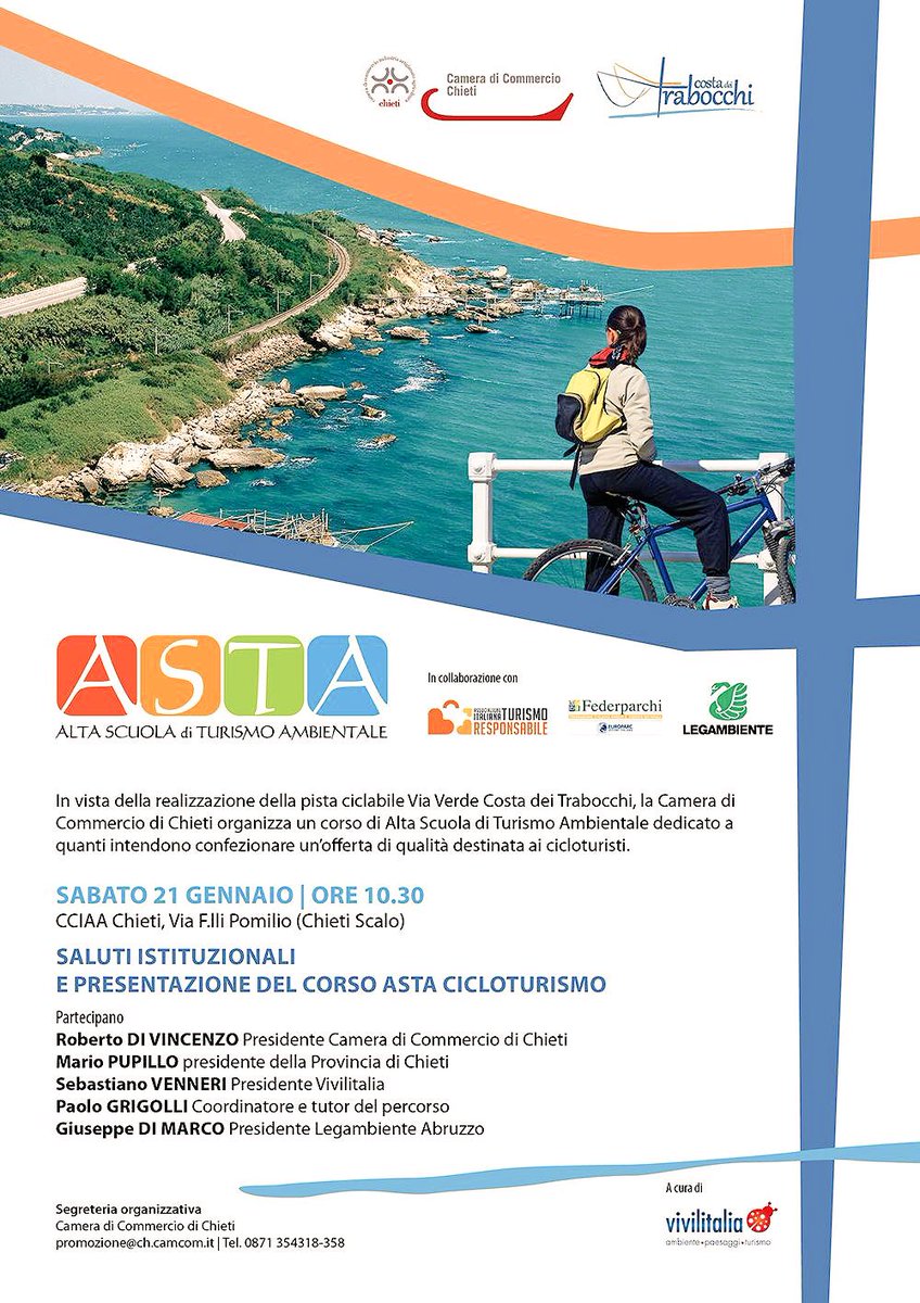 CostaTrabocchi's tweet photo. Domani al via il corso di alta formazione sul #cicloturismo per la #costadeitrabocchi @ChietiCamCom @Vivilitalia_at @Legambiente @Diviro31 https://t.co/n8JWRjMMVT