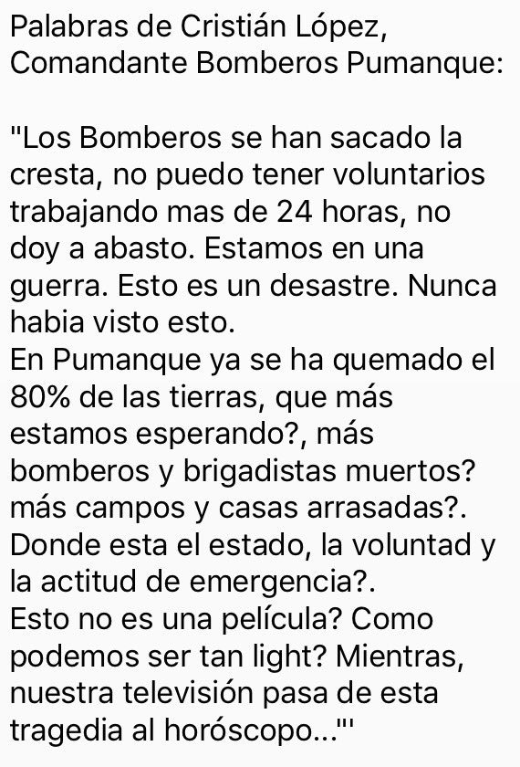 michellenomasab's tweet photo. Amigos les ruego difundir palabras de Cristian López, Comandante Bomberos de #Pumanque 

#EstadoDeCatastrofe
@mbachelet @canal13 @TVN
RT RT https://t.co/YJWxwWNT9b