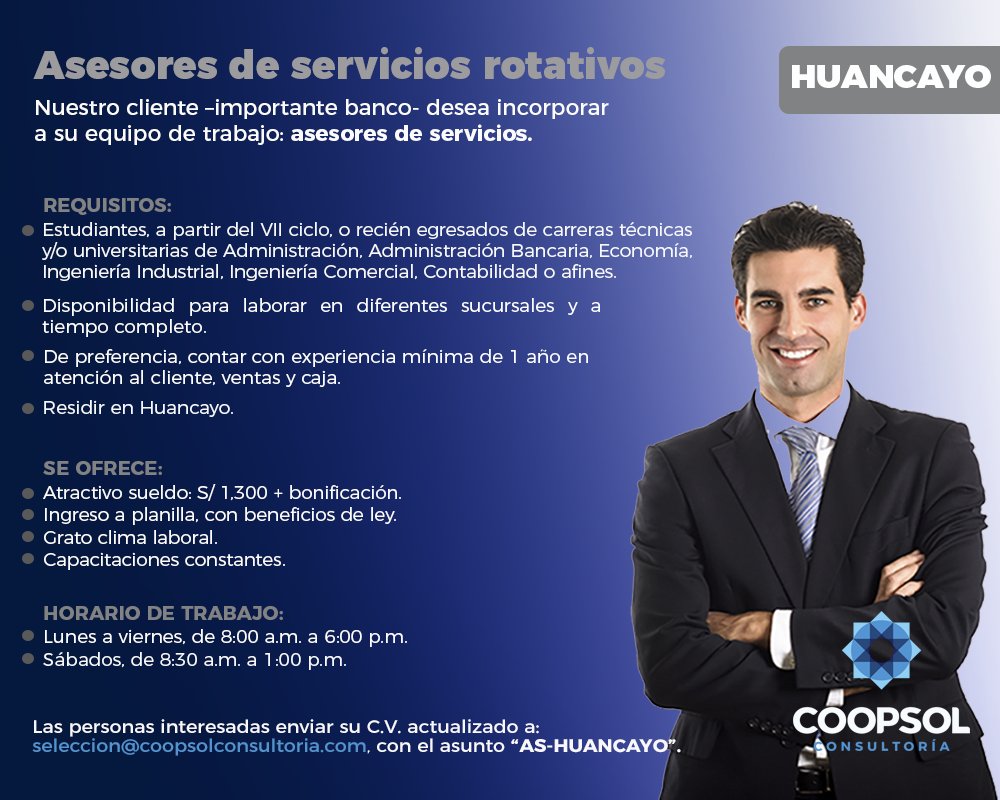 CoopsolEmpleos's tweet photo. Oportunidad de #empleo. Se requiere: asesores de servicios rotativos. Envíanos tu C.V. a seleccion@coopsolconsultoria.com. #TrabajoSíhay #PE https://t.co/UZqziRYGPF