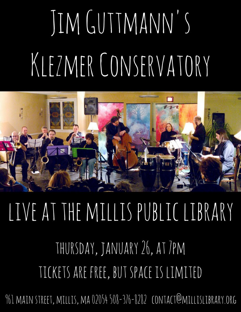 MillisLibrary's tweet image. Come to the library on January 26 for an AMAZING concert from the #Klezmer Conservatory! #music #millis