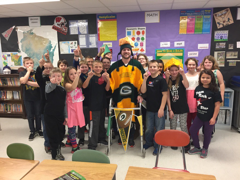 BCSD_NickKaiser's tweet photo. Viking fan, Mr. Roemhild, finally dressed appropriately after losing a challenge with his class. GO PACKERS!! https://t.co/i8dnXsdySW