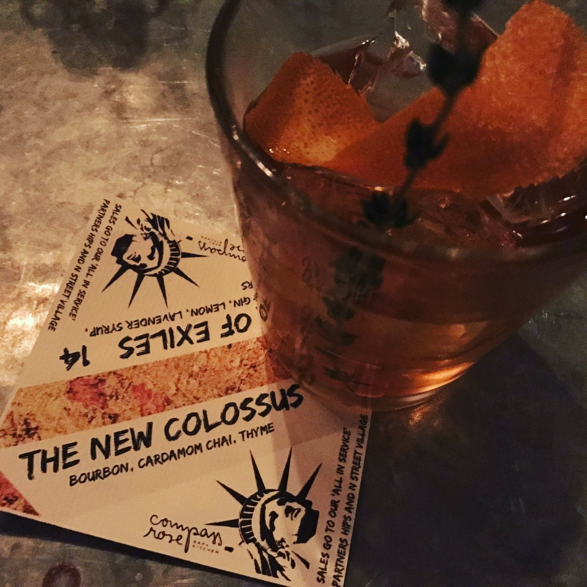 LauraHayesDC's tweet photo. The New Colossus @compassrose_DC with bourbon, cardamom chai &amp; thyme. @AllInServiceDC beneficiaries @NStreetVillage @HIPSDC #AllInServiceDC https://t.co/HECeSyd4uG