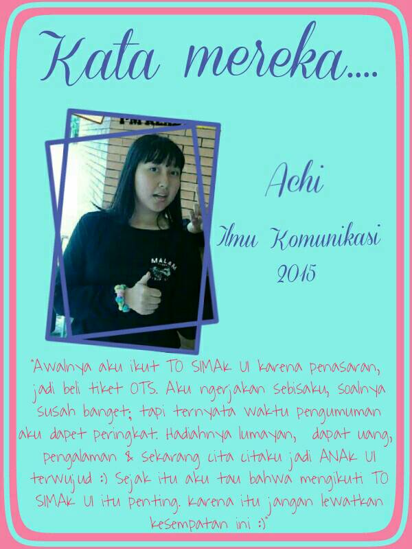 Sudah banyak buktinya #alaalatertimoni 😁
Mau kan jadi mahasiswa UI juga kayak Kak Achi 😊
#MelangkahMenginspirasi #Uigth2017