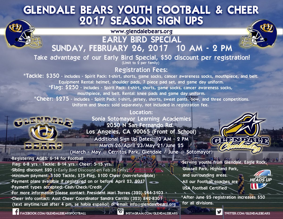 glendalebears's tweet photo. 2017 Glendale Bears Youth Football & Cheer Sign Ups! Early Bird Special Sunday Feb 26 ONLY...$50 Discount!! #glendalebears #football #cheer https://t.co/KzOfrrLKi0