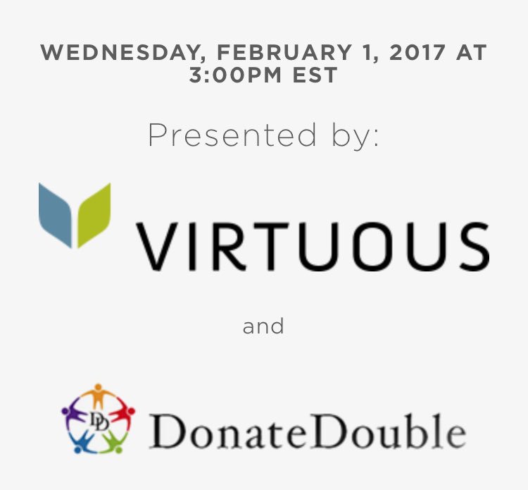 DonateDouble's tweet photo. Check out our upcoming webinar with @VirtuousCRM - Maximizing ROI with Matching Gifts https://t.co/ogmZ6QAWt8 #fundraising https://t.co/9KOYM0qug4
