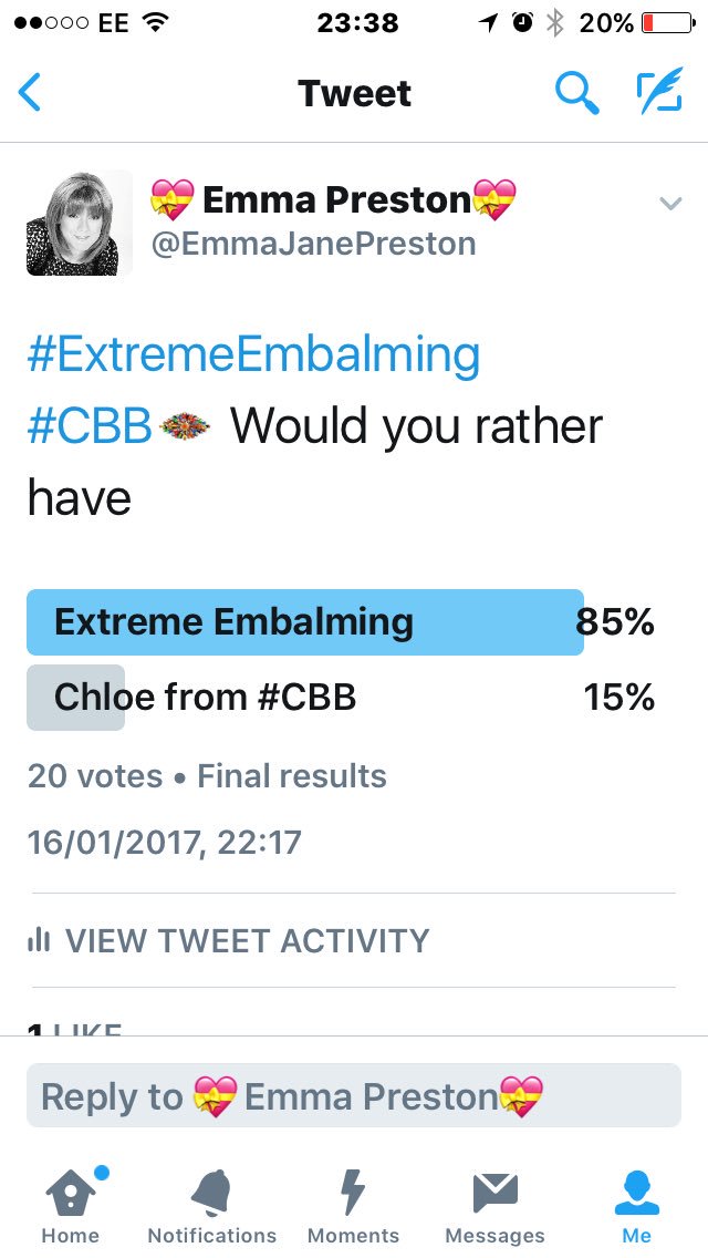 EmmaJanePreston's tweet photo. Forgot to show the result. So it was overwhelming btw.. we'd rather have had #ExtremeEmbalming than #CBBchloe lol https://t.co/ZdGlYMS1pd