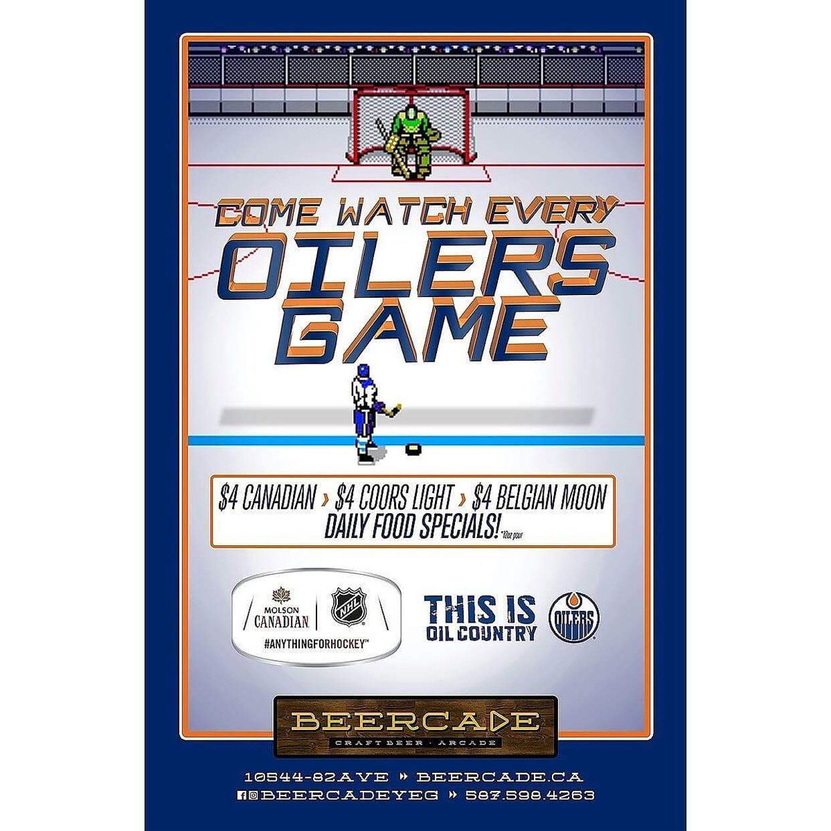 Tonight 7pm against Cow-Town. Come watch the action. $4 Canadian. $4 Coors and $4 Belgium Moon. #yeg #edmontonoilers #whyteave #yegfood