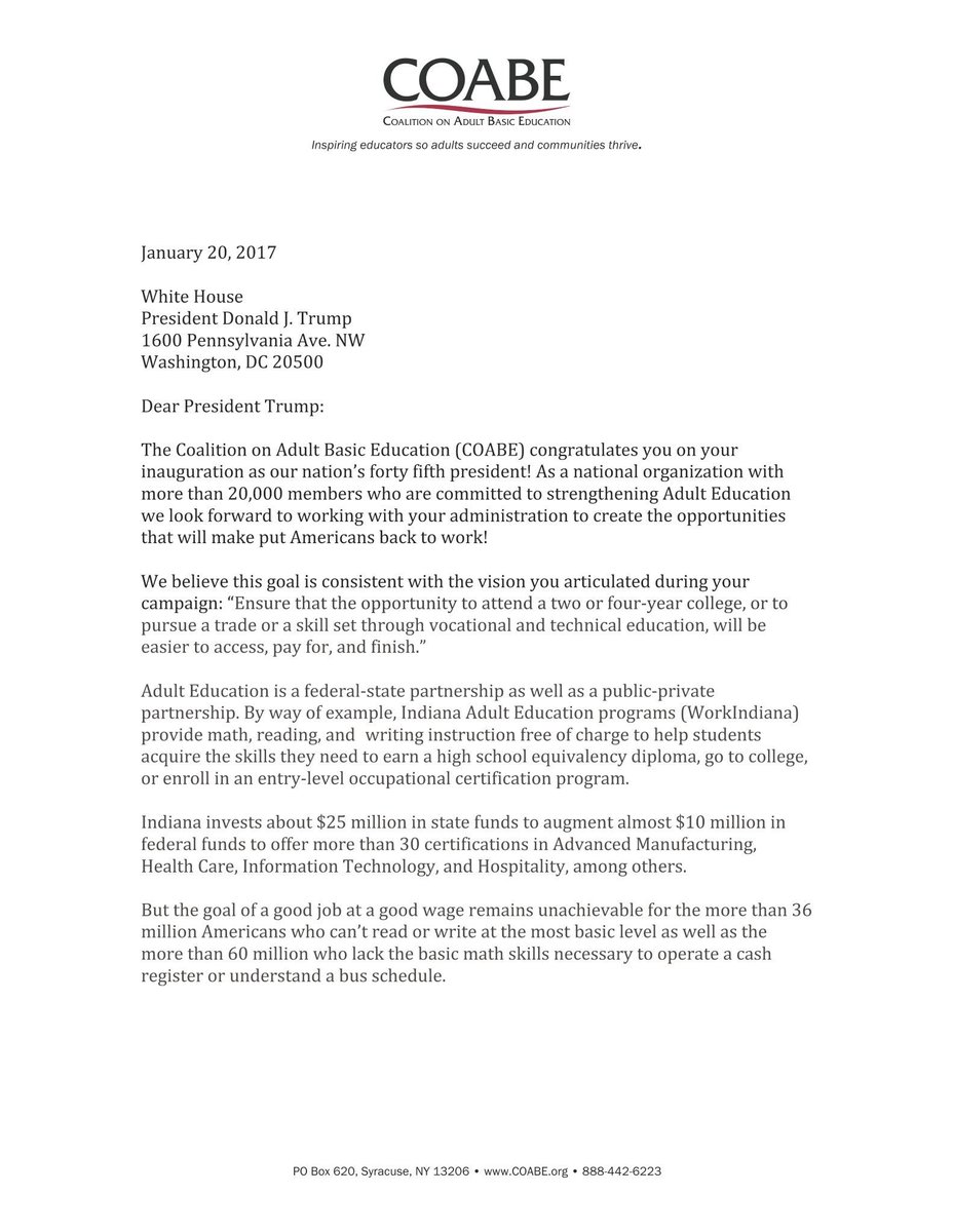 COABEHQ's tweet image. An open letter to @potus @realDonaldTrump @VP @mike_pence @IvankaTrump @jaredkushner @betsydevos from the @COABEHQ #AdultEdu
