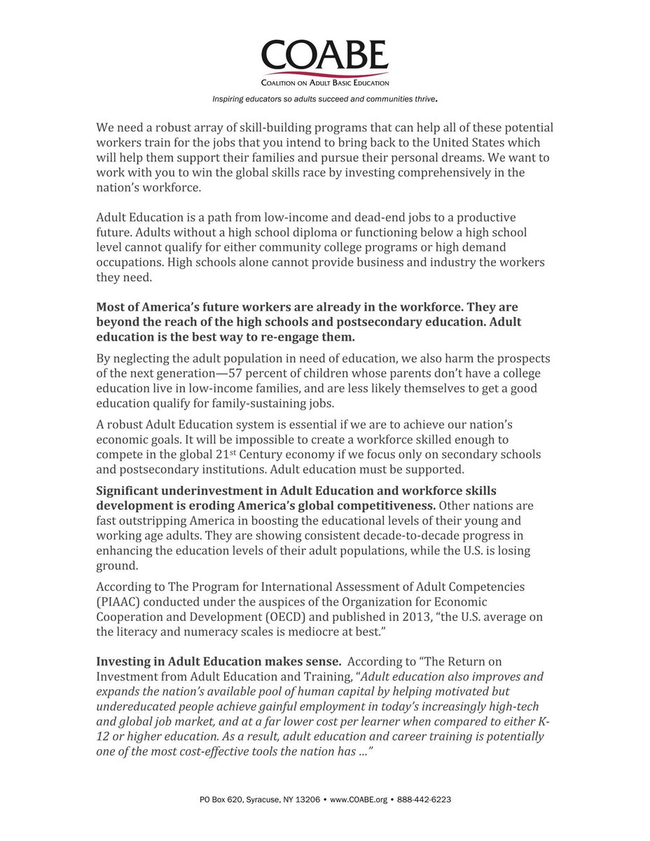 COABEHQ's tweet image. An open letter to @potus @realDonaldTrump @VP @mike_pence @IvankaTrump @jaredkushner @betsydevos from the @COABEHQ #AdultEdu