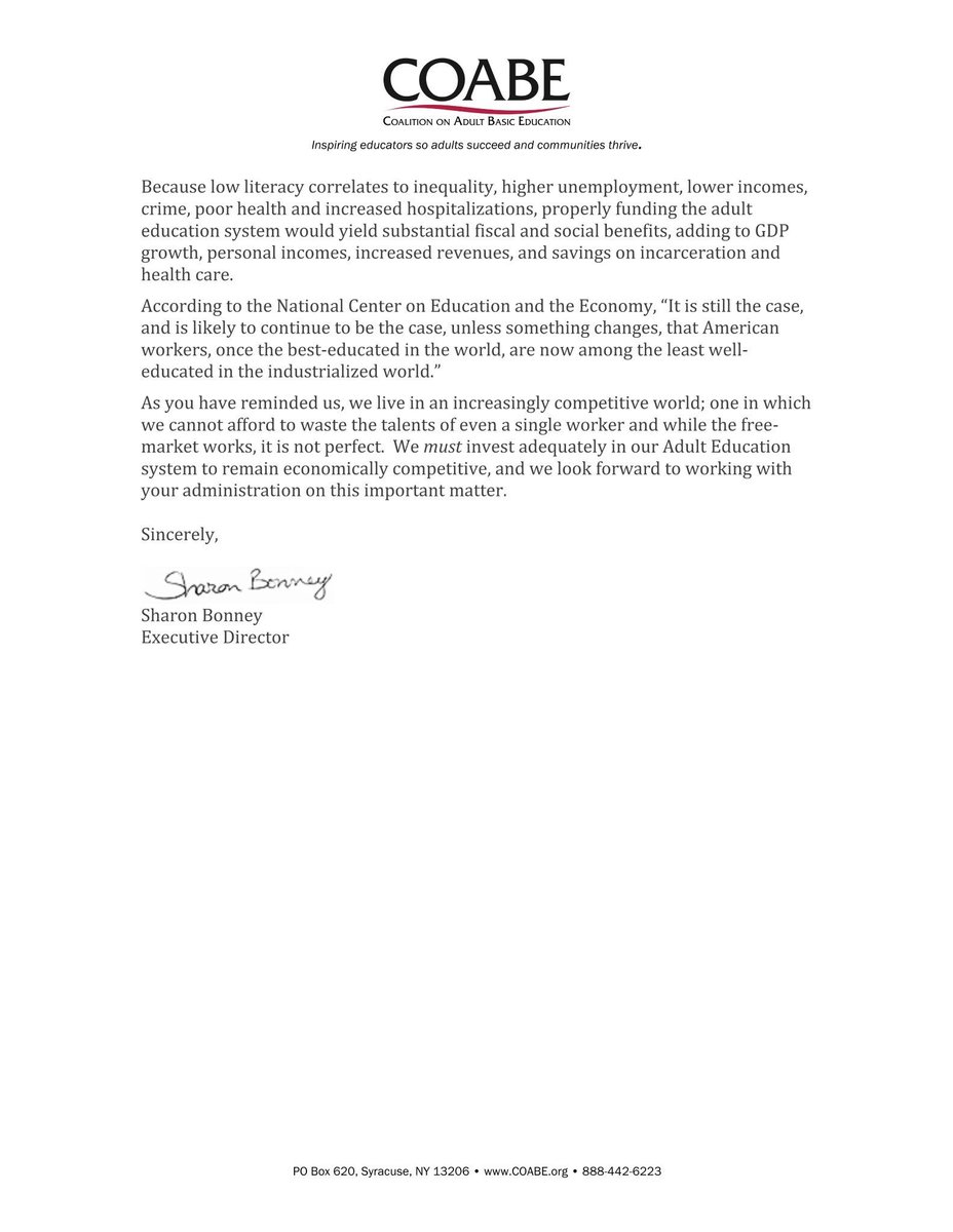 COABEHQ's tweet image. An open letter to @potus @realDonaldTrump @VP @mike_pence @IvankaTrump @jaredkushner @betsydevos from the @COABEHQ #AdultEdu