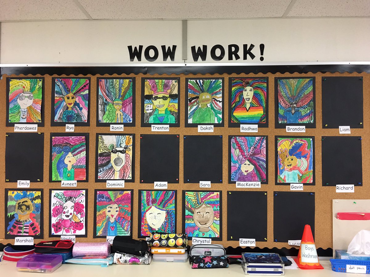 Ms_KSmart's tweet photo. Our WOW Work Wall is almost complete- crazy line hair for our portraits #newteachercomessoon #portraits #fun #waterpaints https://t.co/f4XqK0kYcL
