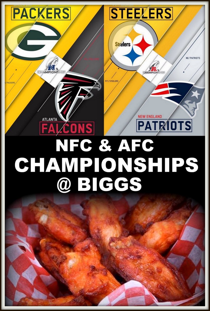 BiggsBBQMoBay's tweet photo. Join us again this Sunday January 22 at Biggs for the AFC &amp; NFC Championship games. Beer Bucket deals and US 50 cent Chicken Wings. https://t.co/OQ3WfylhW2