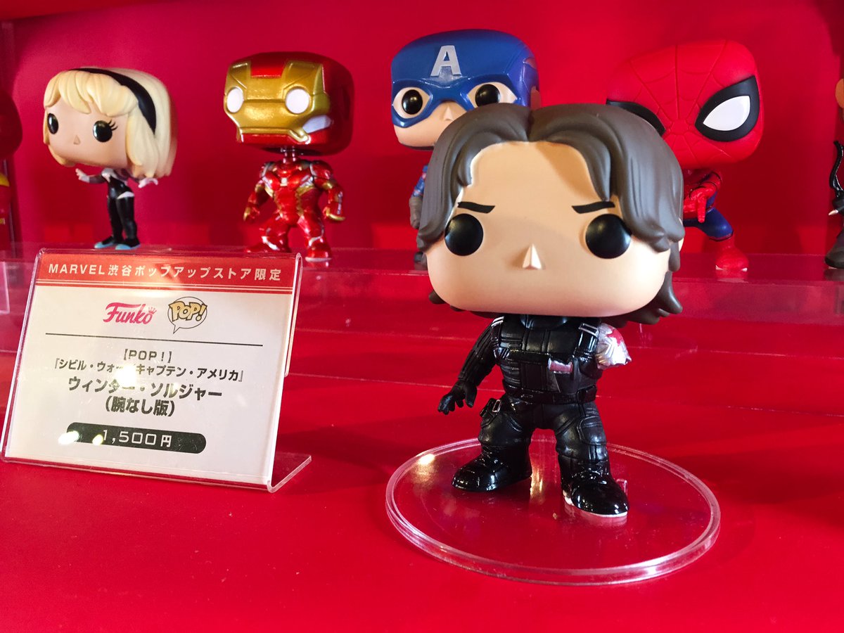 Es Nightwalker Marvel渋谷ポップアップストアで販売されている限定のpop キャップは75周年記念でシールドがクリア素材 バッキーはアームのないシビルウォーでの最終決戦版 在庫は結構ありそうなんですぐには売り切れる事はなさそう