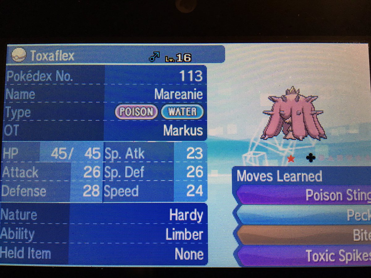 Landmime1's tweet photo. @RyanYags FINALLY finally finally got my Mareanie... so excited and relieved to start planning a new hunt https://t.co/82uiOe66vH