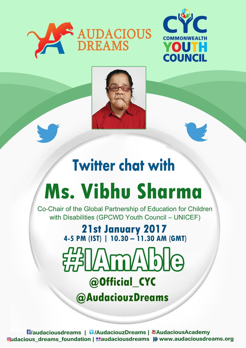 sassurender's tweet photo. #AudaciousDreams welcomes you to have a #Twitter chat with Ms.VibhuSharma. Today 4-5 PM (IST) / 10.30-11.30AM (GMT). #IAmAble @Official_CYC https://t.co/VnKzt21nC6