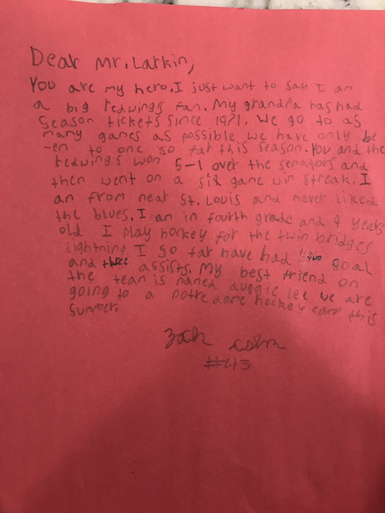 Randy Cohn (@cohnrandy) on Twitter photo After several drafts, zach finally finished his letter to <a href="/Dylanlarkin39/">Dylan Larkin</a>. Thanks for being a great role model, he truly admires you! After several drafts, zach finally finished his letter to <a href="/Dylanlarkin39/">Dylan Larkin</a>. Thanks for being a great role model, he truly admires you!
