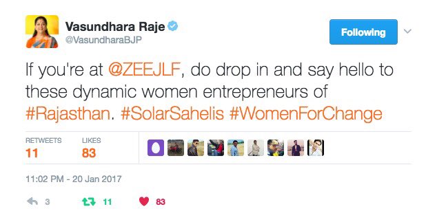 FrontierMkts's tweet photo. What an amazing Day 2 at @ZEEJLF having @VasundharaBJP visit our #solarsahelis #solarcafe! https://t.co/8jXnvyCwmg
