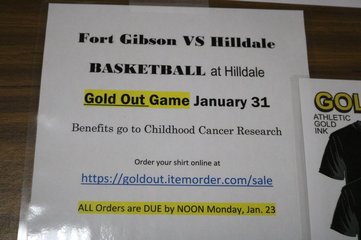 FTGYearbook's tweet photo. GOLD OUT game 1/31 FTG vs Hilldale $ goes to benefit childhood cancer research. Shirt orders due by 1/23. Order @ https://t.co/ZJuKfKMsjM https://t.co/tWTIqoy6ai