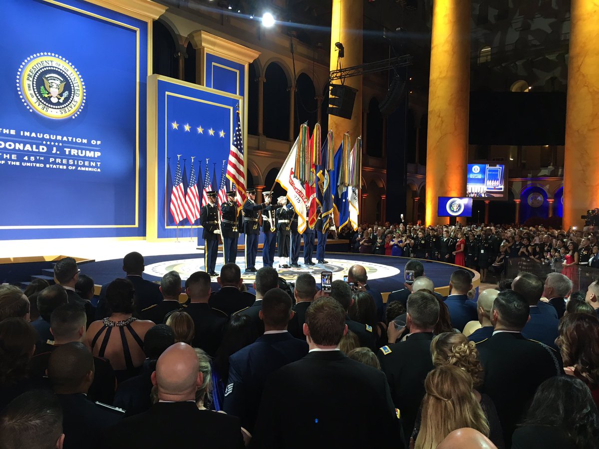 Ldemarconews's tweet photo. Presenting the colors now at the Armed Services Ball.  Very moving. #InaugurationDay #Fox5POTUS @fox5dc https://t.co/8U9sZ2xVP5