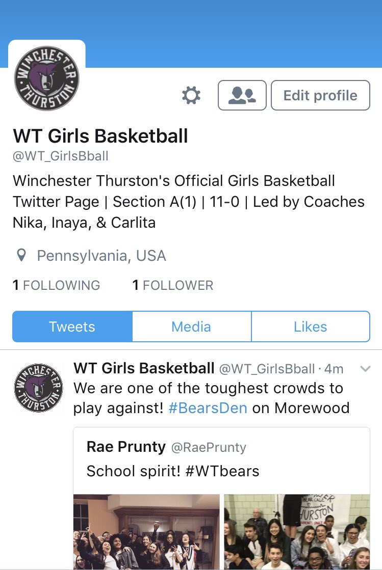 raeprunty's tweet photo. Hello Twitter family! Make sure to follow Winchester's Girls Basketball ,@WT_GirlsBball. Ranked #1 in their section and currently 11-0! https://t.co/dlYgMOy5oN
