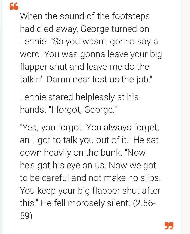 kenzmice's tweet photo. George's attitude towards Lennie changes throughout the book, sometimes he defends him and other times he gets annoyed at him. https://t.co/h16qrprjg7