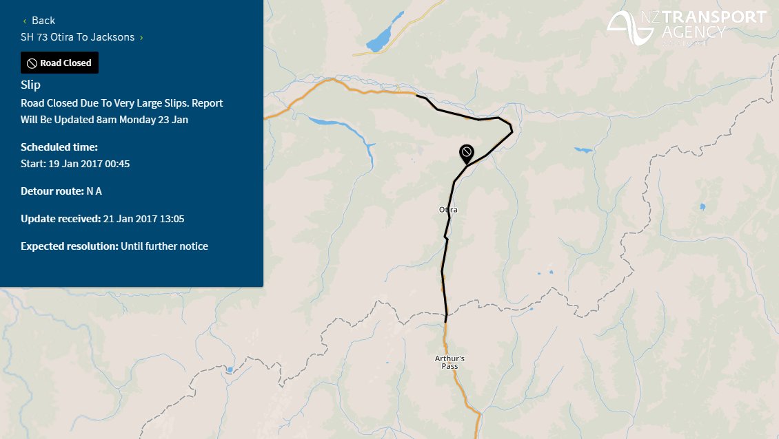 nztacwc's tweet photo. #SH73 Arthurs Pass - Jacksons remains CLOSED. Its unlikely the road will open untill Mon. Next update Mon 9pm. https://t.co/JSBOHqhBEZ. ^MF https://t.co/D0VjdhXrJv