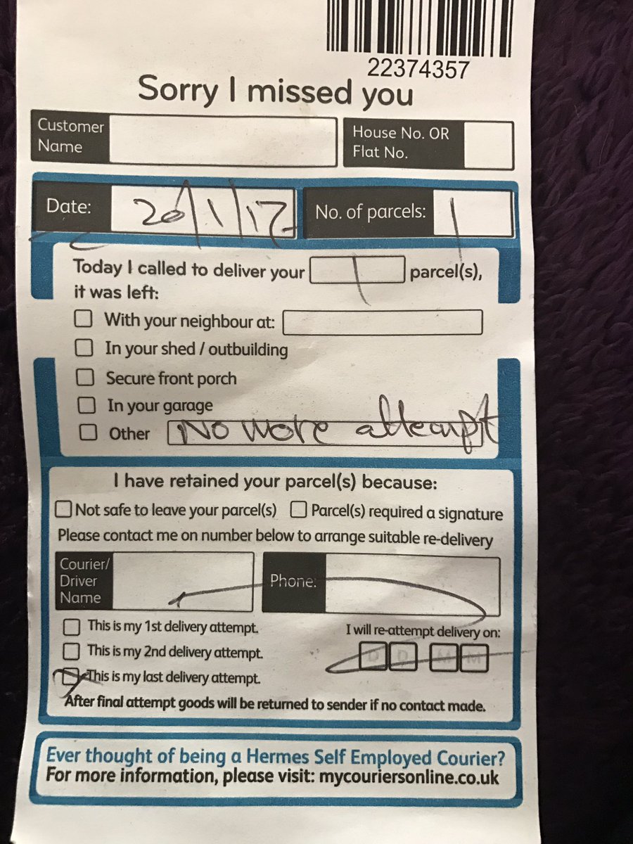 lisajayesmith's tweet photo. @myhermes the only attempt at delivery and this was left, no number, I have tried to ring you but automated service that's doesn't help https://t.co/H0J0VKOtE2