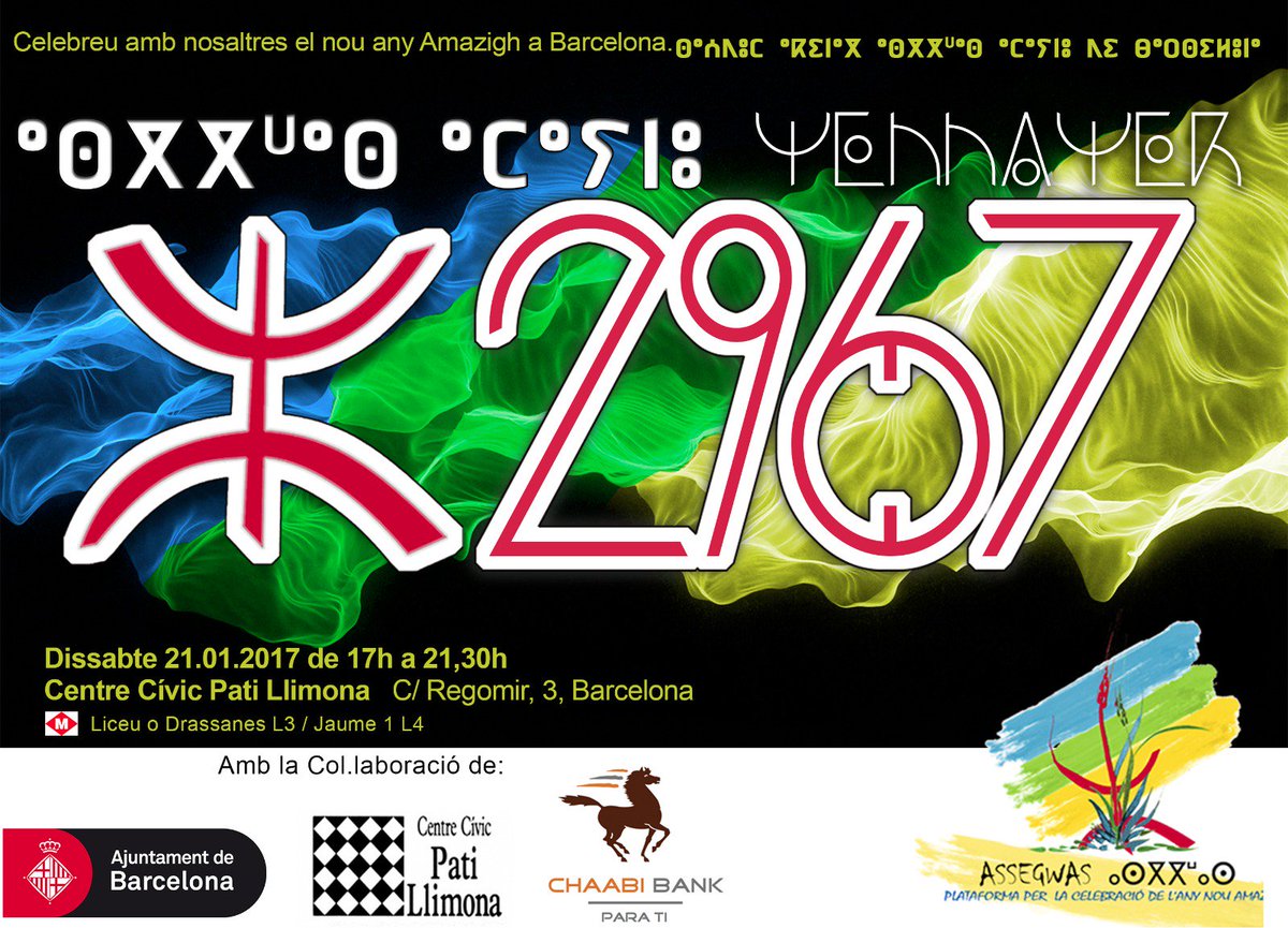 aseggwas's tweet photo. Avui partir de les 17h, celebrem la entrada d'any nou #amazigh #yennayer2967 al @patillimona no us ho perdeu. https://t.co/dd5jNgJcsH