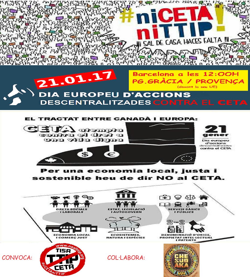 SSTG_encomu's tweet image. Avui dia europeu d'accions descentalitzades contra el #CETA. Per un futur digne, avui (12h) serem a Pg de Gracia/Provença #niCETA #niTTIP