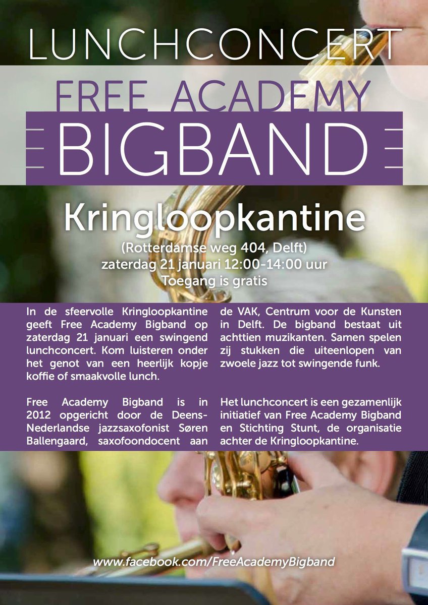 StichtingStunt's tweet photo. Kom luisteren! #FreeAcademyBigBand speelt in onze #KringloopKantine. 12-14 uur, R’damseweg 404, Delft gratis toegang https://t.co/e9T5bDUXJV