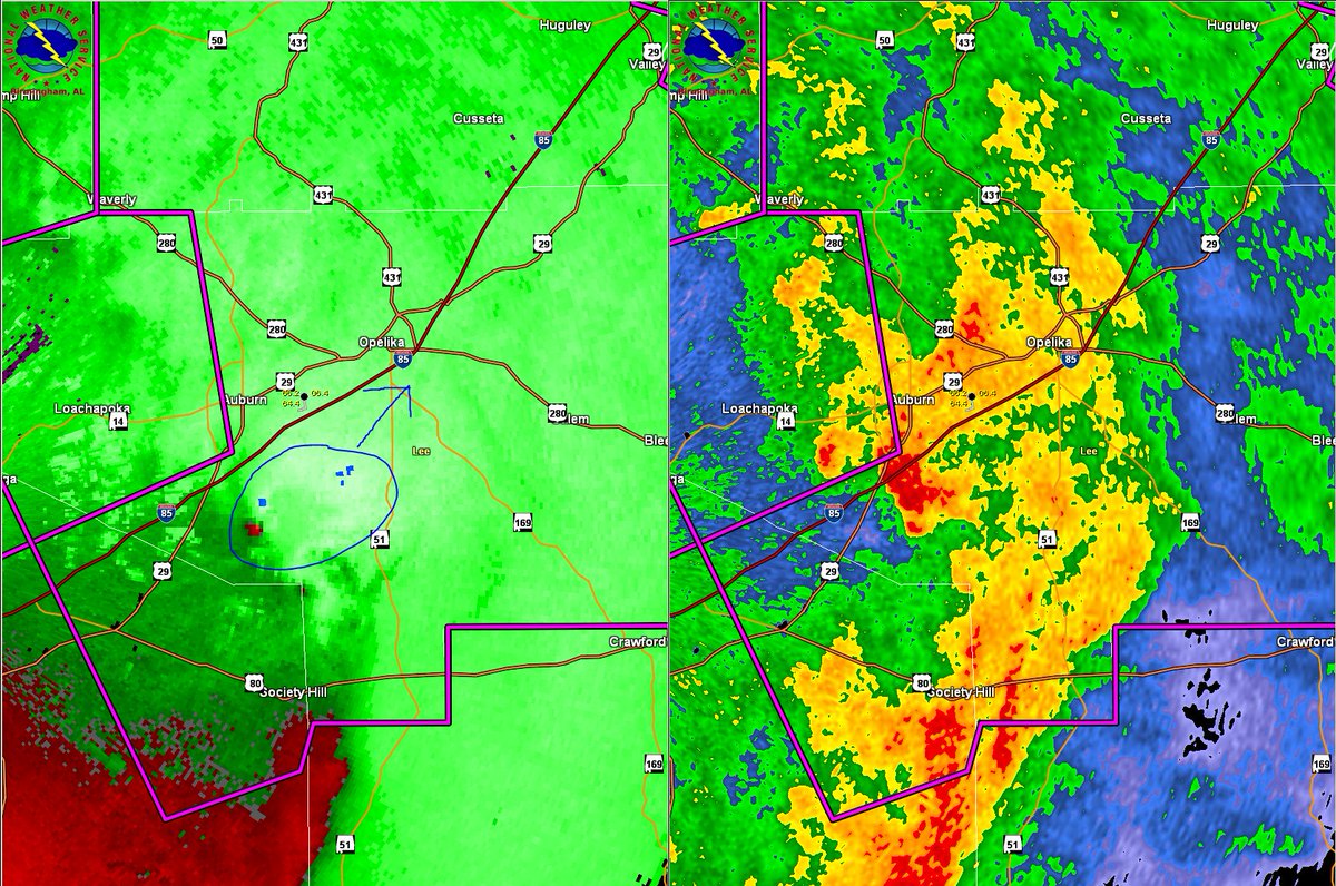 NWSBirmingham's tweet photo. AUBURN, OPELIKA, Lee and Chambers Counties - REMAIN IN YOUR SAFE PLACE - Tornadic Debris Signature S of Auburn heading towards Opelika.#alwx https://t.co/uCbLSxVBX5