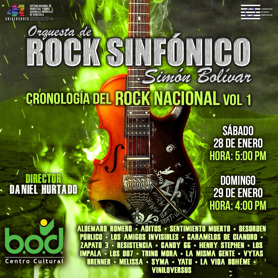La <a href="/RockSinfonicoSB/">Rock Sinfónico S.B.</a> dirigda por <a href="/HurtadoDaniell/">Daniel Hurtado</a> presenta nuevamente: #CronologiaDelRockNacional el #28Ene y #29Ene en el @CCulturalBOD