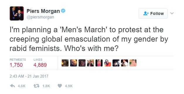 Keffy's tweet photo. I think a Men's March is a great idea, Piers. Here, allow me to suggest a route. https://t.co/OvicYyiw7x