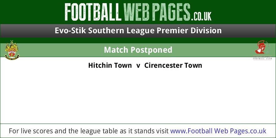 FWPHitchinTown's tweet image. POSTPONED: @FWPHitchinTown v @FWPCirencesterT (via Southern League)
