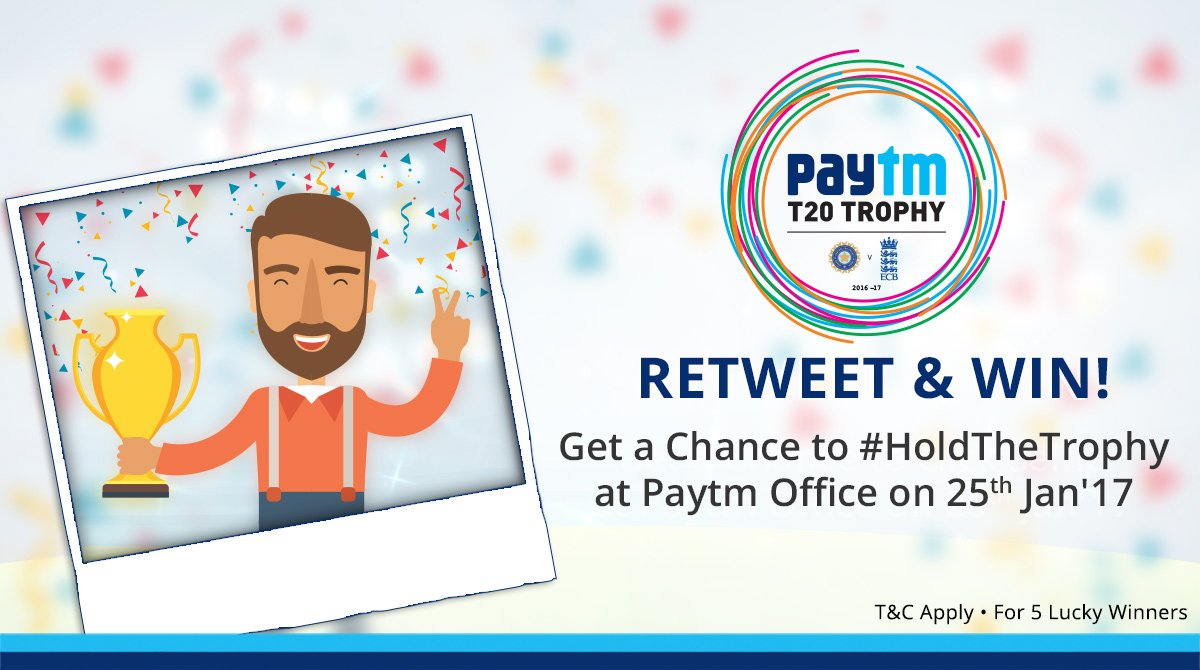 Paytm's tweet image. #Contest : Retweet this and get exclusive first look &amp;amp; a chance to #HoldTheTrophy at Paytm Office on 25th January. #INDvENG