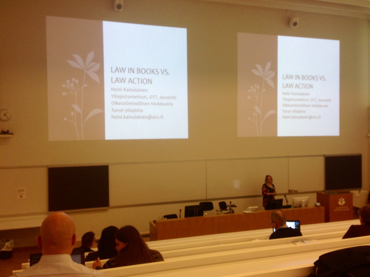 mksutel's tweet photo. Heini Kainulainen: Law in Books vs. Law in Action. #rpouef #oikeustieteet #lainoppi #empiria #lawinbooks #lawinaction @UEFLawSchool https://t.co/HWKPdEEIoi