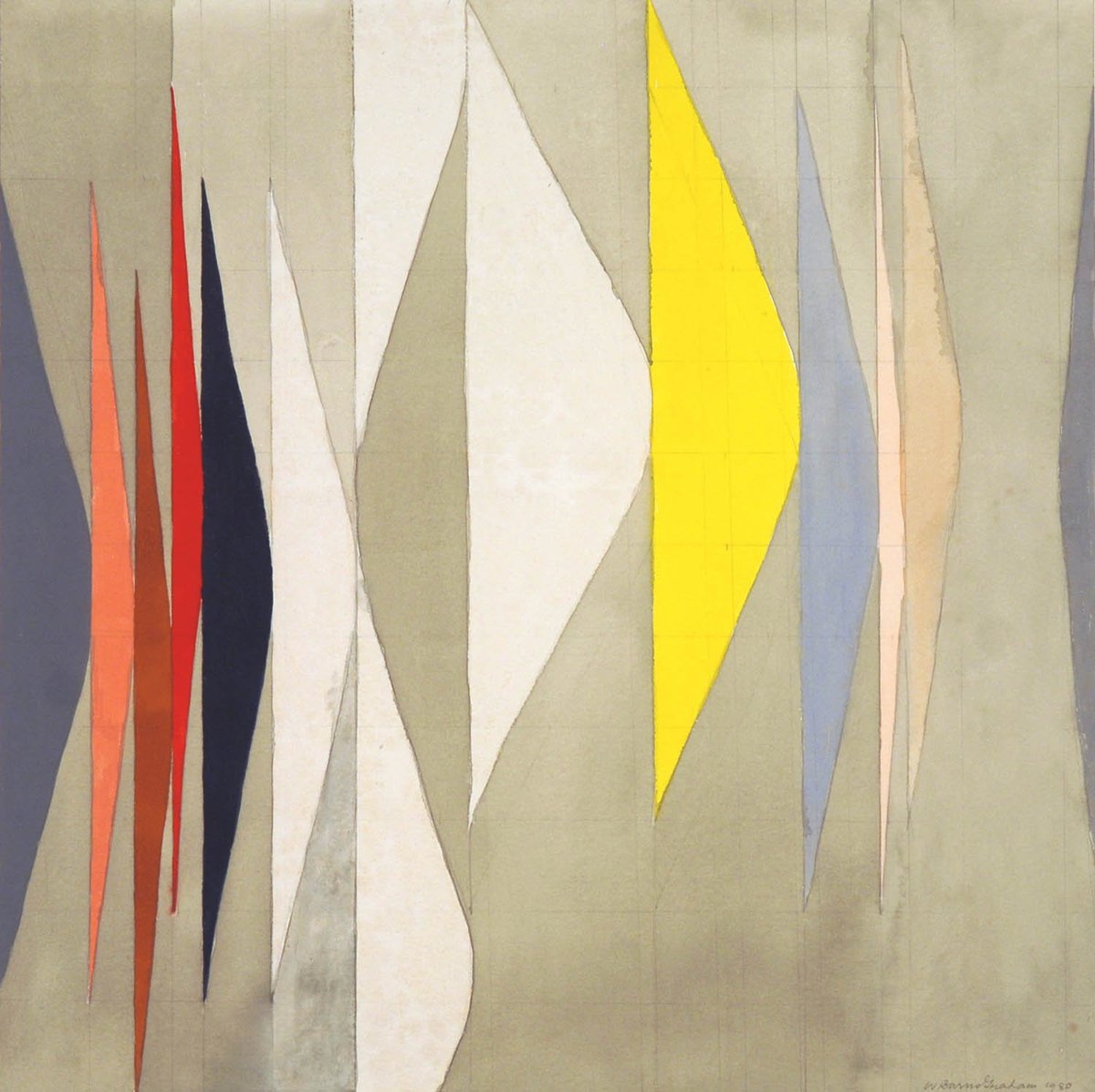 On view at the <a href="/LondonArtFair/">London Art Fair</a> this weekend.Wilhelmina Barns-Graham,
'Expanding forms no. 1 (lemon)', 1980
#modernbritishart #barnsgraham