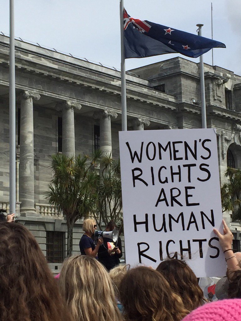WIIS_NZ's tweet photo. Women's Rights are Human Rights (HRC) with General Organa (Princess Leia) and the #womenvotefirst New Zealand Parliament #WomensMarchNZ https://t.co/Z1p4qAkWkF